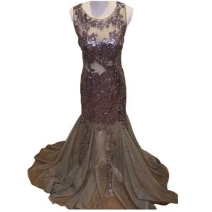 Jovani Sequin Tulle Floral Appliqué Gown